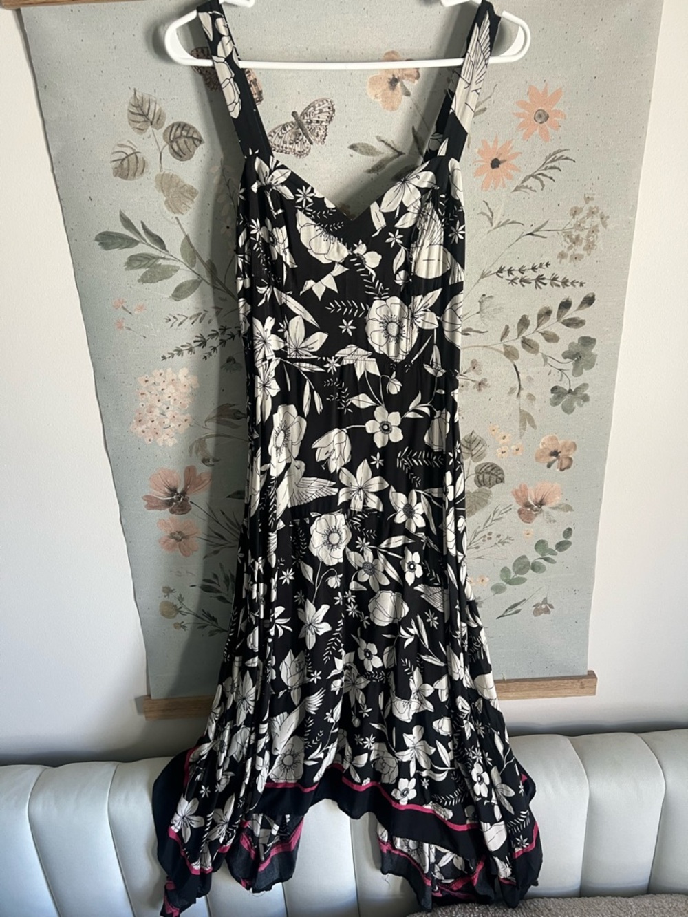 Anthropologie Black Floral Maxi Dress with Pink Trim